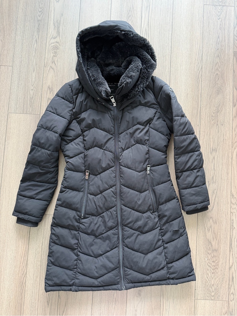 Andrew Marc Black Puffer Coat with Faux-Fur Hood